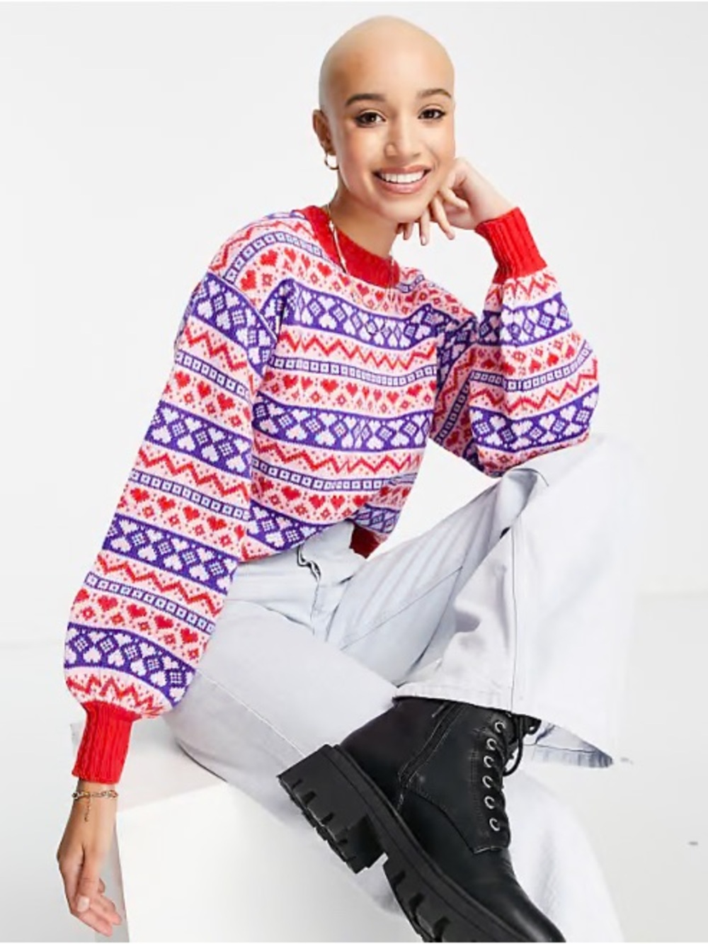 Red, Purple & White Fair Isle Crewneck Sweater Medium